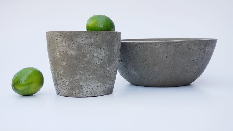 Pot et bol en béton gris rustique